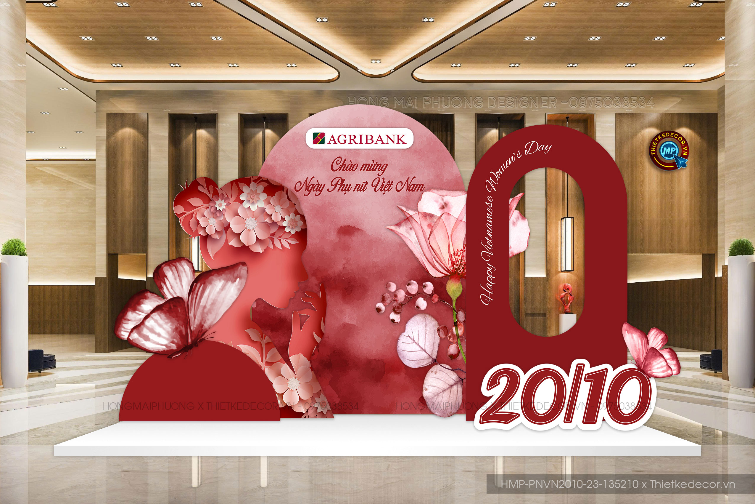 Backdrop check in Ngày Phụ nữ Việt Nam 20-10 tone đỏ gái hoa